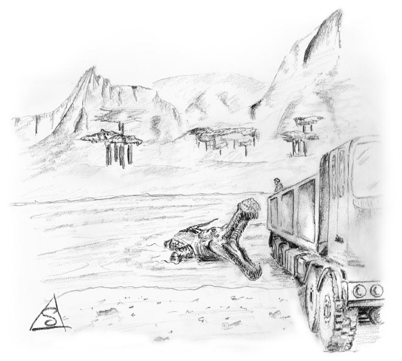 Sketch of cretaceous landscape with dinosaur attacking a vehicle. © Stephen Llewelyn 