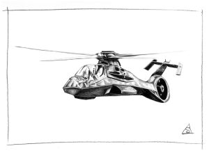 Futuristic military helicopter based on RAH-66 Comanche, pencil sketch by Stephen Llewelyn.