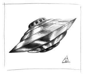 Flying saucer based on the description by Bob Lazar, pencil sketch by Stephen Llewelyn.