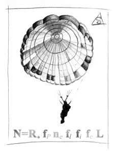 Parachutist with Drake Equation underneath, pencil sketch by Stephen Llewelyn.