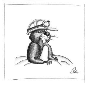 Cartoon mole in a miner's hat, pencil sketch by Stephen Llewelyn.