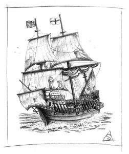 The Golden Hind, 16th century sailing ship. Pencil sketch by Stephen Llewelyn.